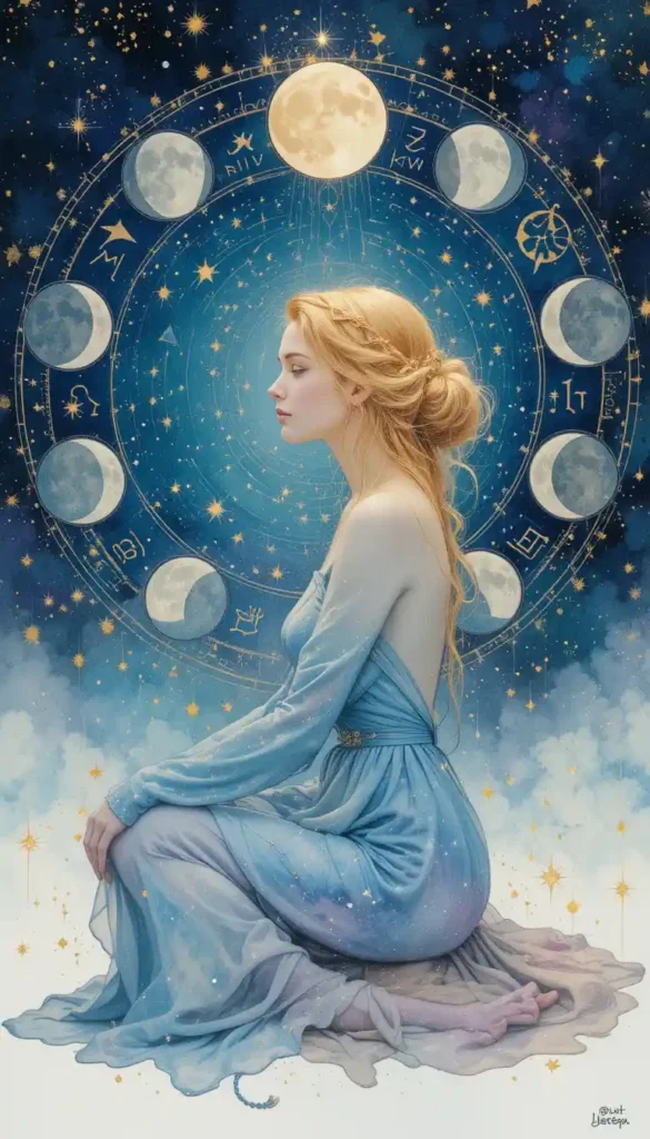 Illustration of a contemplative woman with the phases of the moon around her, representing emotional flow.