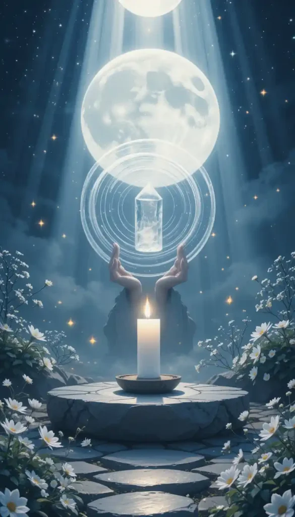 White candle and clear quartz crystal in hands under full moonlight, emitting silvery energy rings.