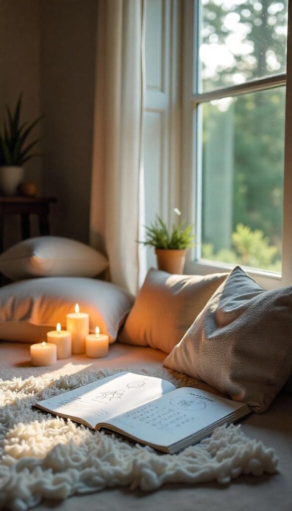 Peaceful sacred space prepared for a full moon ritual with candles, crystals, and a lunar calendar.