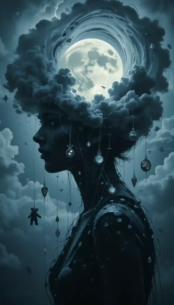 Silhouette with a glowing moon and dark clouds inside their head, surrounded by cracked mirrors and floating symbols of past heartache.