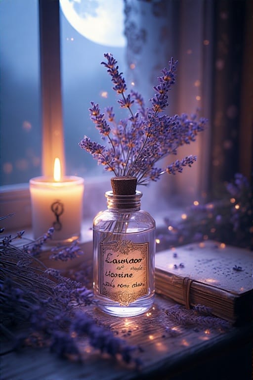 A bottle of lavender oil with fresh lavender on a moonlit windowsill, creating a calm and mystical Full Moon ritual setting.