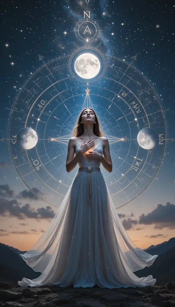 Spiritual woman standing in a moonlit compass surrounded by moon phases and constellations, symbolizing emotional guidance.