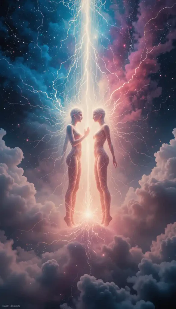 Abstract image of two luminous forms drawn together by a magnetic, ethereal force in a cosmic setting, symbolizing deep intuitive connection.