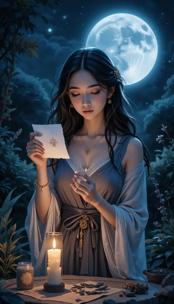 A woman under the full moon holding a wish above a candle, visualizing her desires in a magical nighttime ritual.
