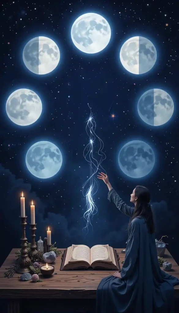 Circle of glowing moon phases over an altar, a practitioner reaching toward the wrong phase.