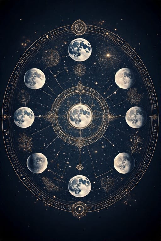 Illustration of moon phases arranged in a circular pattern with astrological symbols and a starry background.