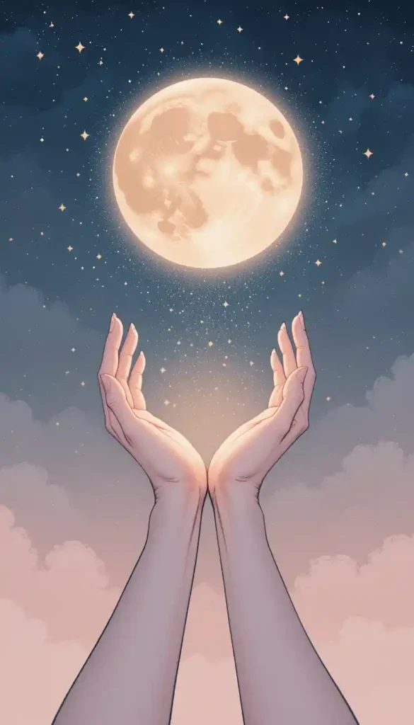 Two hands holding a constellation-filled moon representing emotional needs in relationships, deep blue and pink cosmic background
