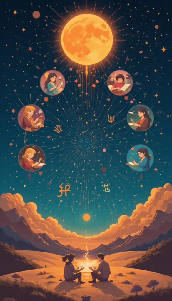 Vibrant illustration depicting a stylized moon radiating different "love languages" through symbolic scenes. One ray shows nurturing acts like cooking or hugging, while another illustrates intellectual stimulation with speech bubbles and books, representing how various moon signs express and receive affection. The image uses warm, soft colors to convey intimacy and understanding.