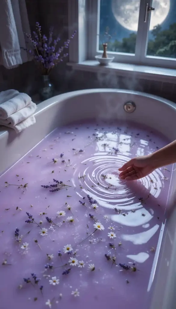 A hand stirring lavender buds and chamomile flowers in a moonlit, lavender-tinted bath.