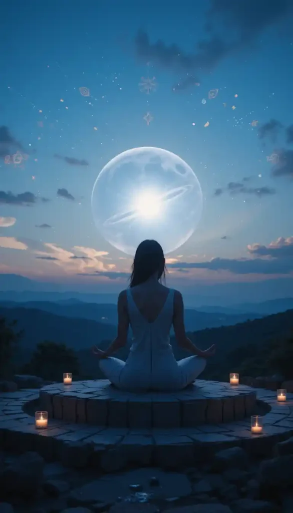 Person meditating outdoors under a rising moon with a soft silvery aura and spiritual lunar elements.