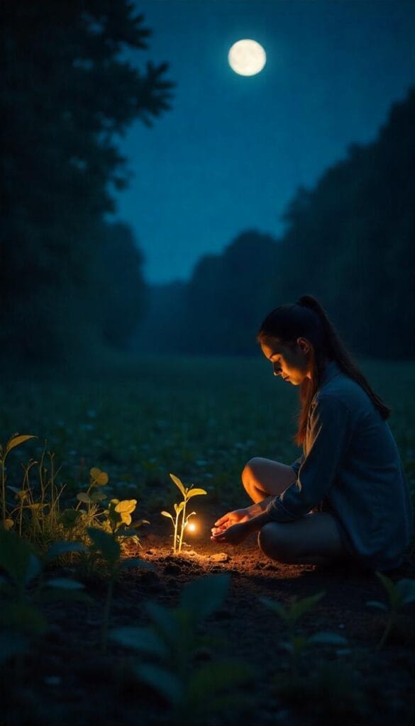 A serene garden at night with a woman planting magical seeds under the dark New Moon.
