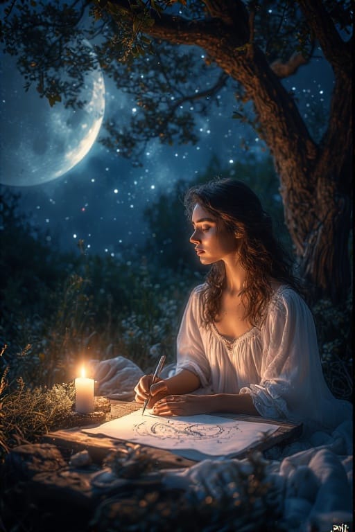 White candle and handwritten intentions on parchment illuminated by soft new moonlight, surrounded by dreamy symbols of manifestation.