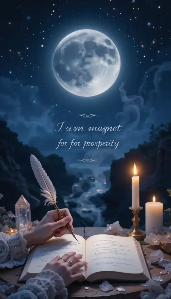 Hands writing abundance intentions in a journal under a glowing New Moon with crystals and candlelight.