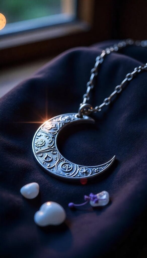 Silver crescent amulet glowing under moonlight with crystals and velvet.