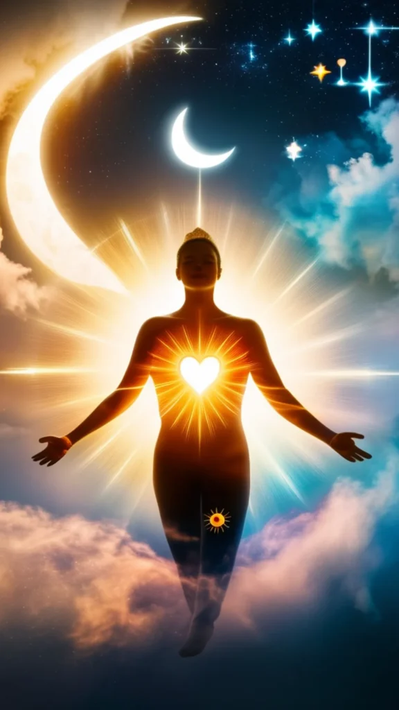 Silhouette with glowing heart under crescent moon, radiating emotional energy in a starry sky.