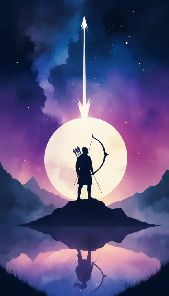 Silhouette aiming a glowing arrow at a bright star under a moonlit sky symbolizing clear intentions.