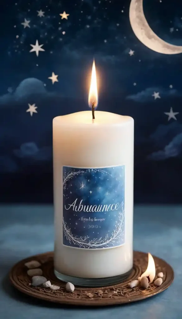 White candle with written intention burning under a crescent moon, radiating magical energy.