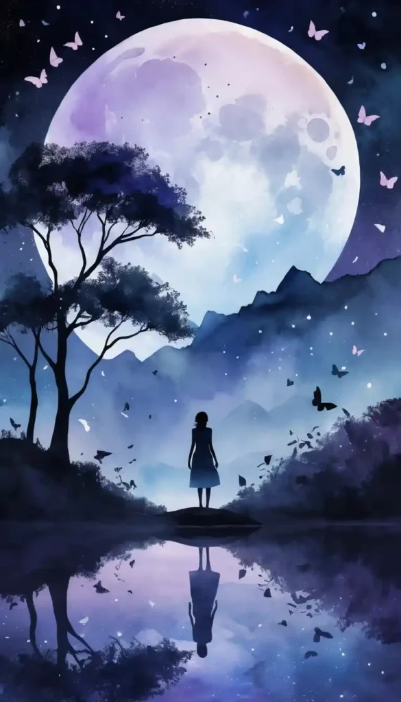 Silhouette under a glowing full moon surrounded by musical notes, butterflies, and light connecting to another silhouette, symbolizing meaningful coincidences.