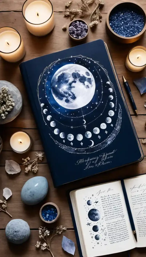 Open journal with handwritten moon phase sketches, crystals, dried flowers, and candlelight on a wooden table.