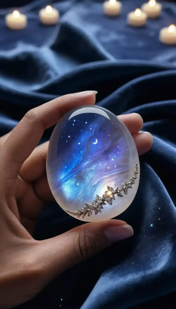 Clear quartz crystal glowing under a full moon with light beams and sparkling energy amplification effects.