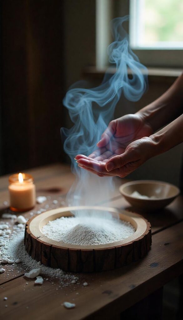A hand smudging a peaceful altar space with sage smoke curling in the air, bathed in soft, sacred light.