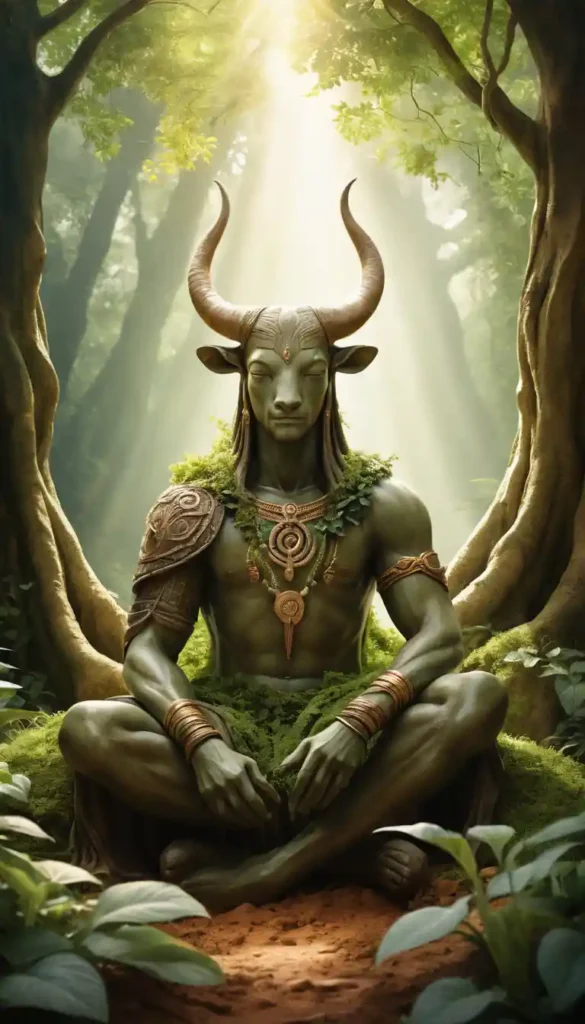 Meditative figure rooted in soil with Taurus, Virgo, and Capricorn symbols amid earthy landscape