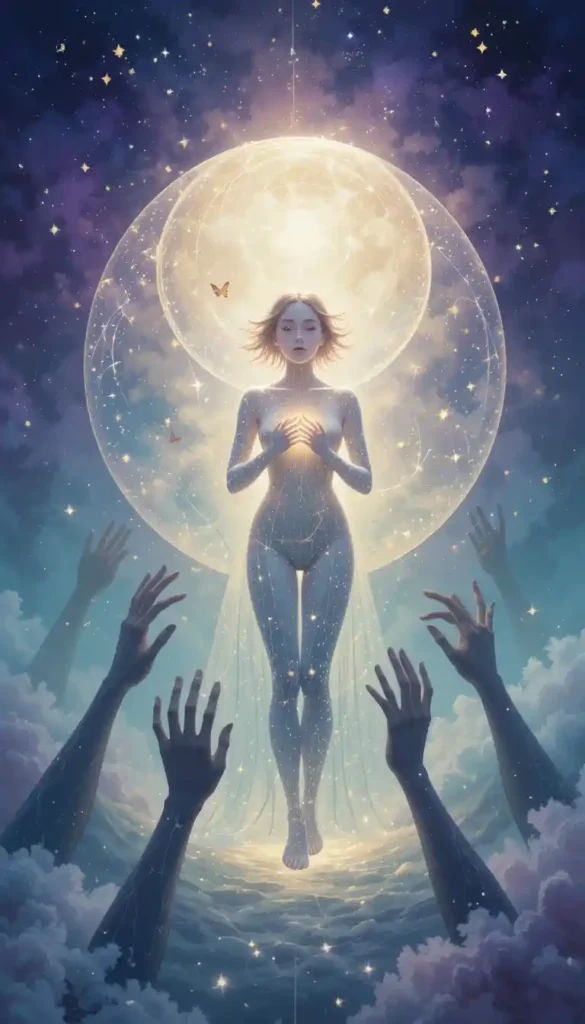 Woman inside glowing moon bubble symbolizing emotional boundaries for sensitive Moon signs, cosmic violet and green background