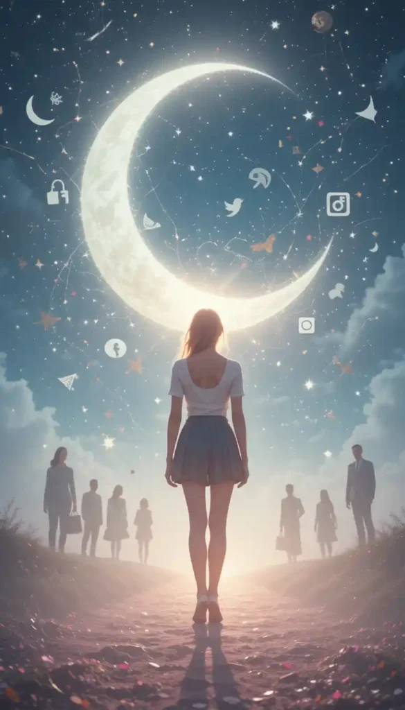 Person at a moonlit crossroads with translucent family and societal icons tugging at them, glowing inner light guiding their way.