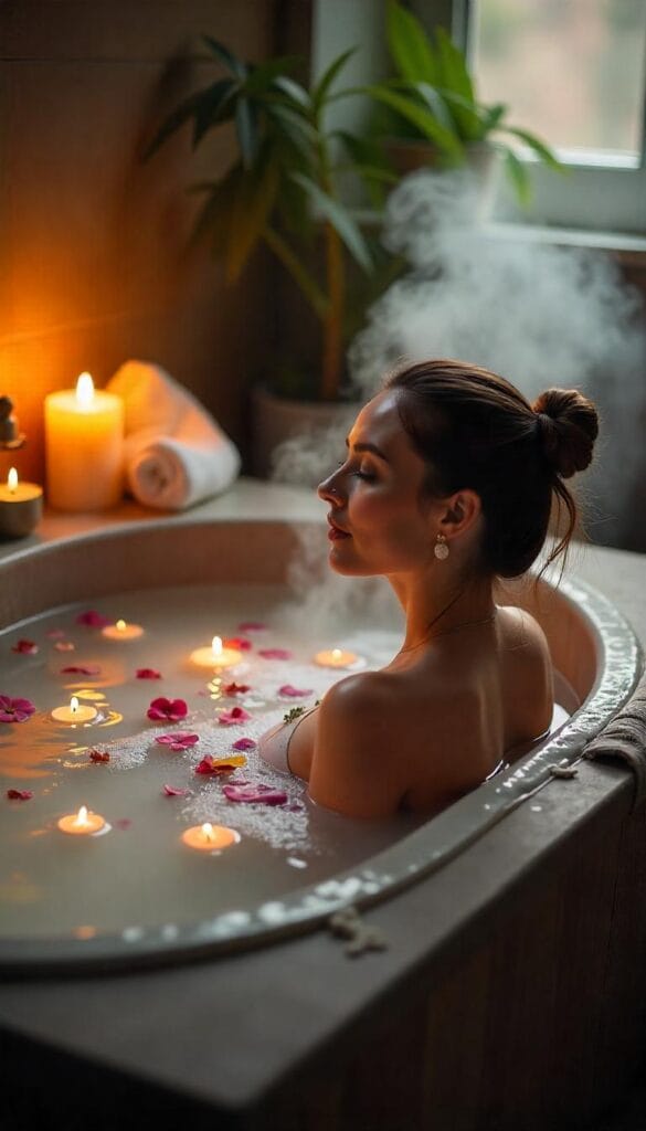 Woman in a herbal bath surrounded by candles, flowers, and steam, preparing for a moon ritual.