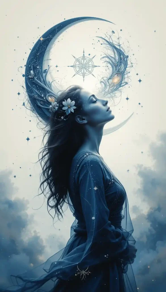 Silhouette of a woman beneath a glowing crescent moon surrounded by swirling silver wisps representing intuition.