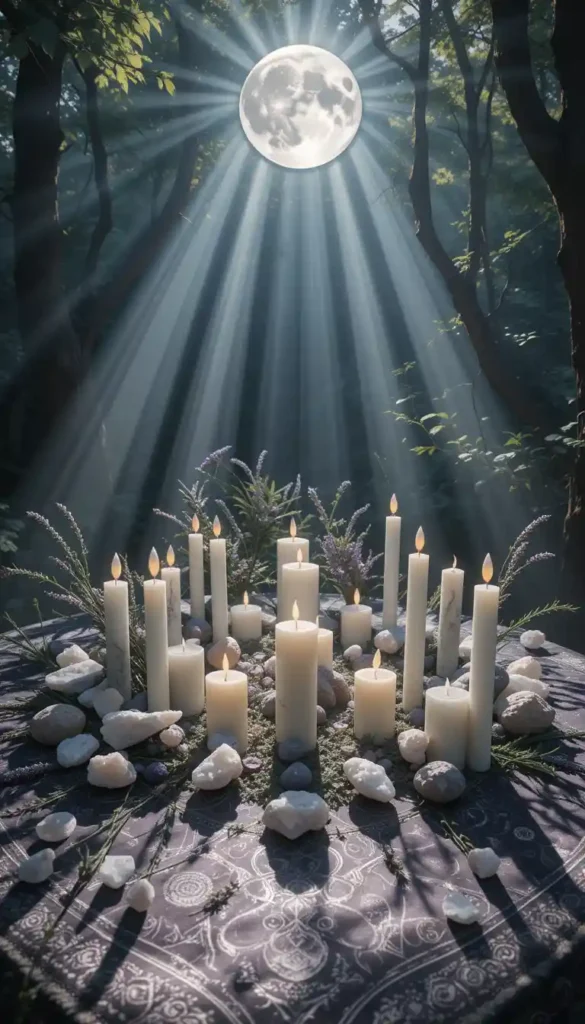 A moonlit altar in a grove with candles, herbs, and crystals arranged in harmony under soft lunar light.