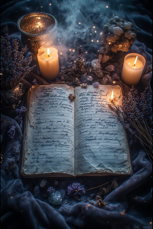 Open journal with handwritten pages surrounded by candles, crystals, and dried lavender.