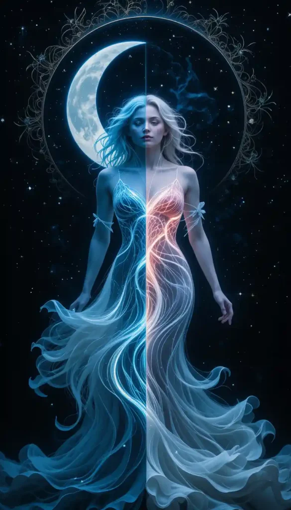 Symbolic image illustrating the contrast in emotional openness influenced by moon signs. One side depicts a figure with a dark, protective aura, representing the guarded nature of a Scorpio Moon. The other side shows a luminous, flowing figure with visible emotional expressions, symbolizing the open-heartedness of a Pisces Moon. The color palette transitions from deep, mysterious tones to light, ethereal ones, highlighting the emotional duality.