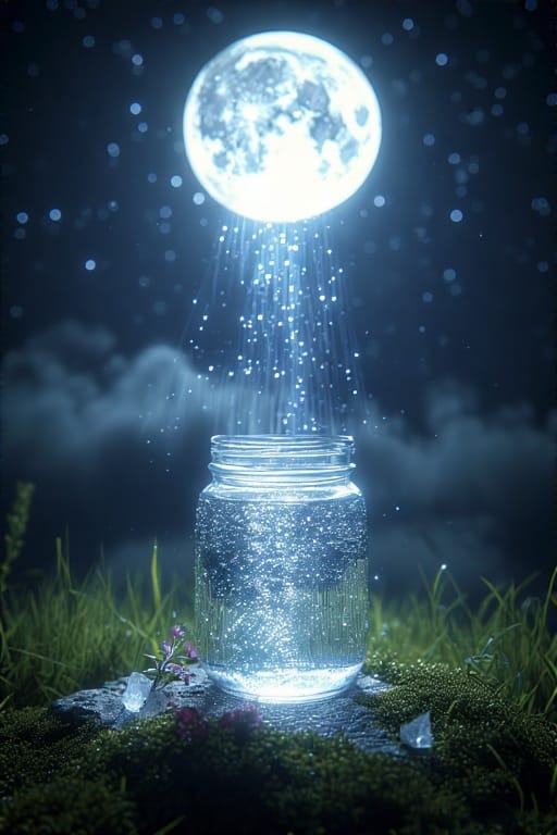 Glass jar of water glowing under full moonlight, surrounded by crystals and herbs, as moonbeams infuse it with lunar energy.