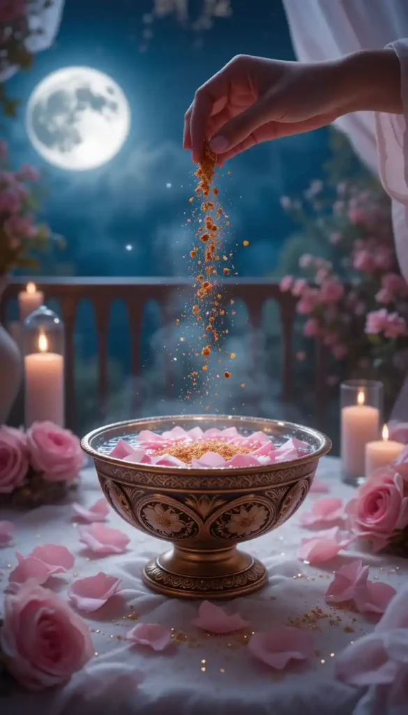 A hand stirs rose petals and cinnamon in a bowl of moon water under the full moon, performing a love attraction ritual.