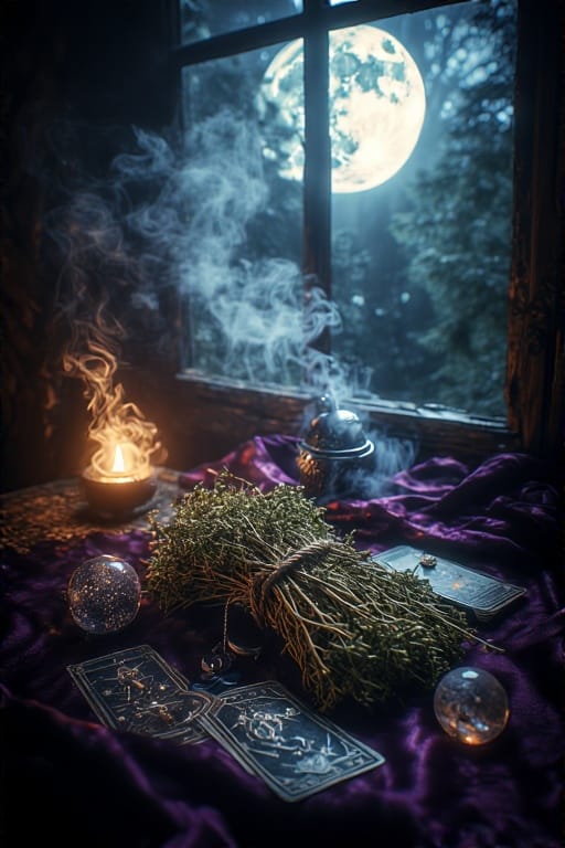 Dried mugwort bundle surrounded by mystical tools under a Waxing Moon, symbolizing lunar dreams and subconscious insight.