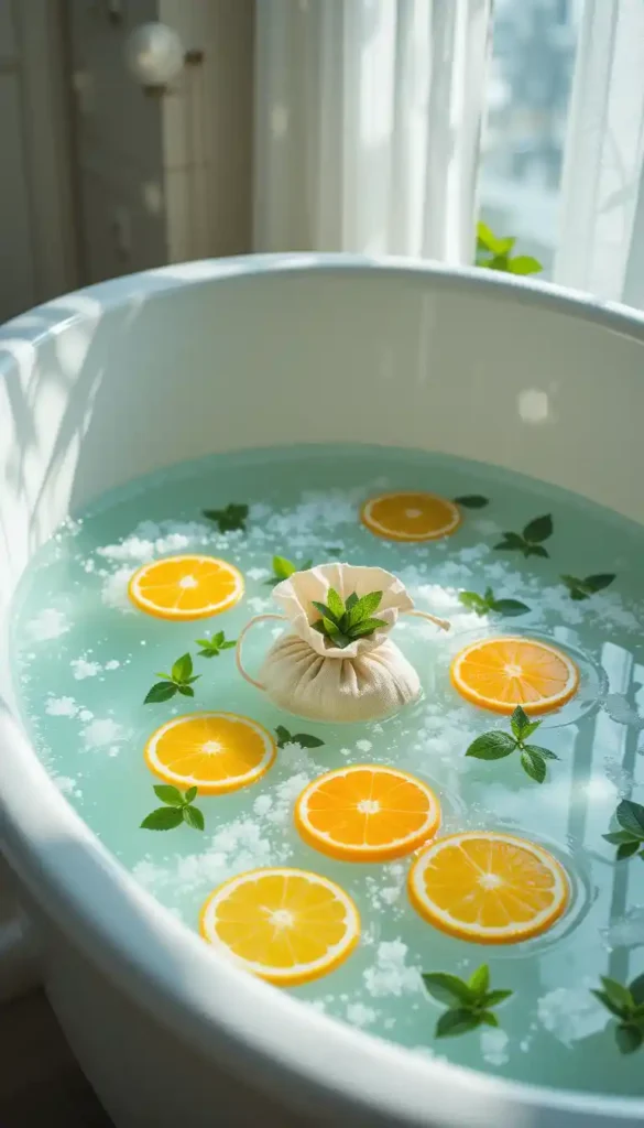 A moonlit bath with floating lemon and orange slices, sea salt, and a mint sachet for detox.