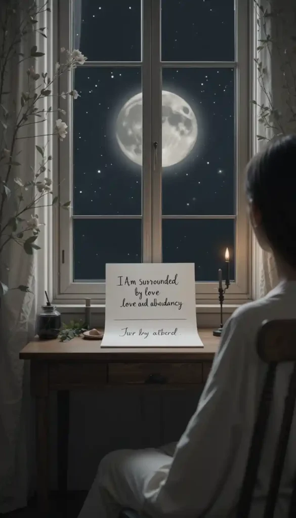 Person writing intentions by candlelight at a desk under a dark new moon visible through the window.