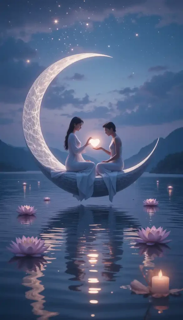 Spiritual woman on a crescent moon offering and receiving emotional care, surrounded by calm waters and moonlight.