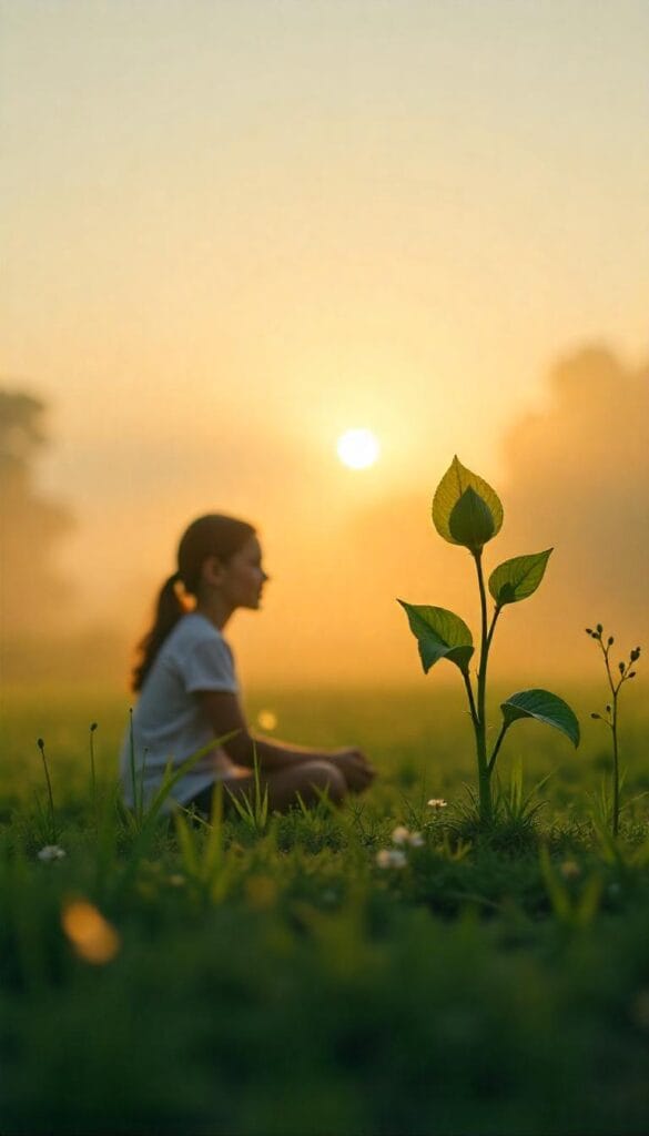 A sunrise over a meadow with a crescent moon and a person nurturing a glowing sprout.