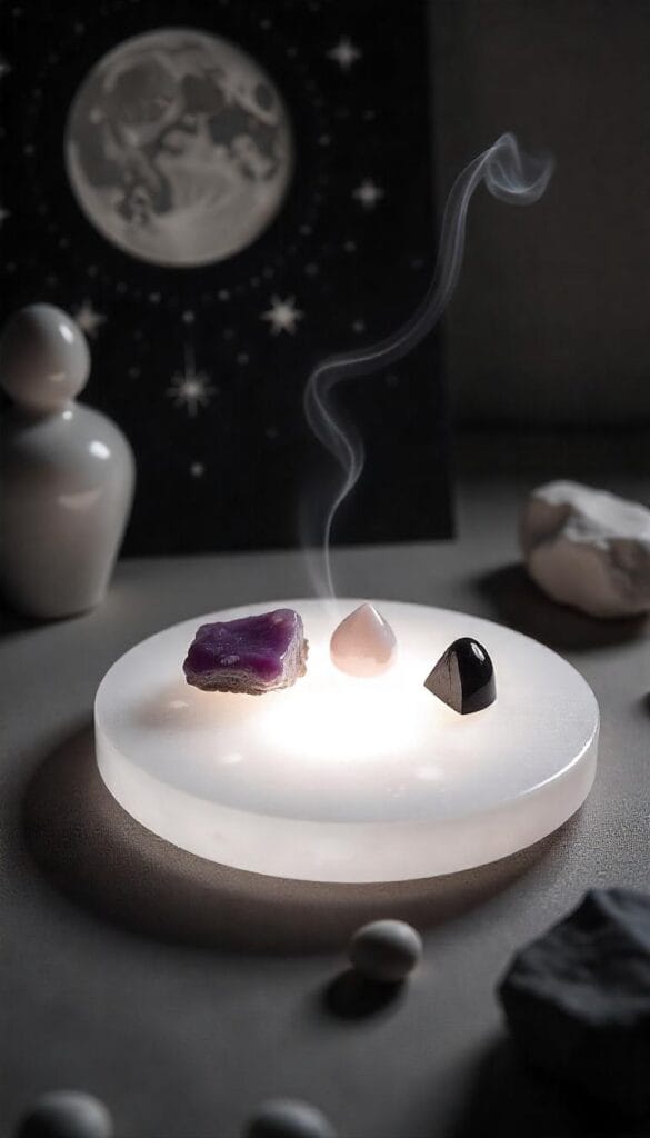 Selenite plate glowing with crystals on a moonlit altar.
