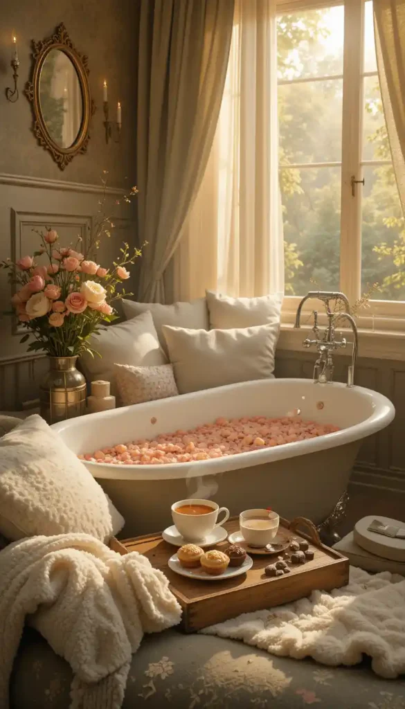Cozy sunlit nook with a rose‑petal bath, flowers, tea, and desserts, evoking comfort and abundance.