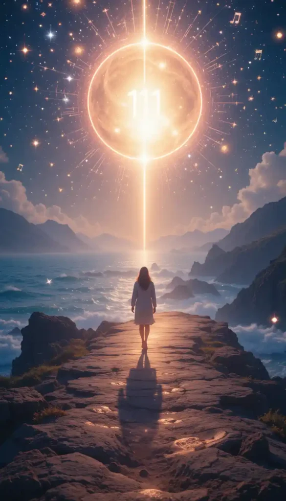 Ethereal image of a figure surrounded by glowing angel numbers and floating musical notes under a starry sky, symbolizing universal synchronicities and guidance.