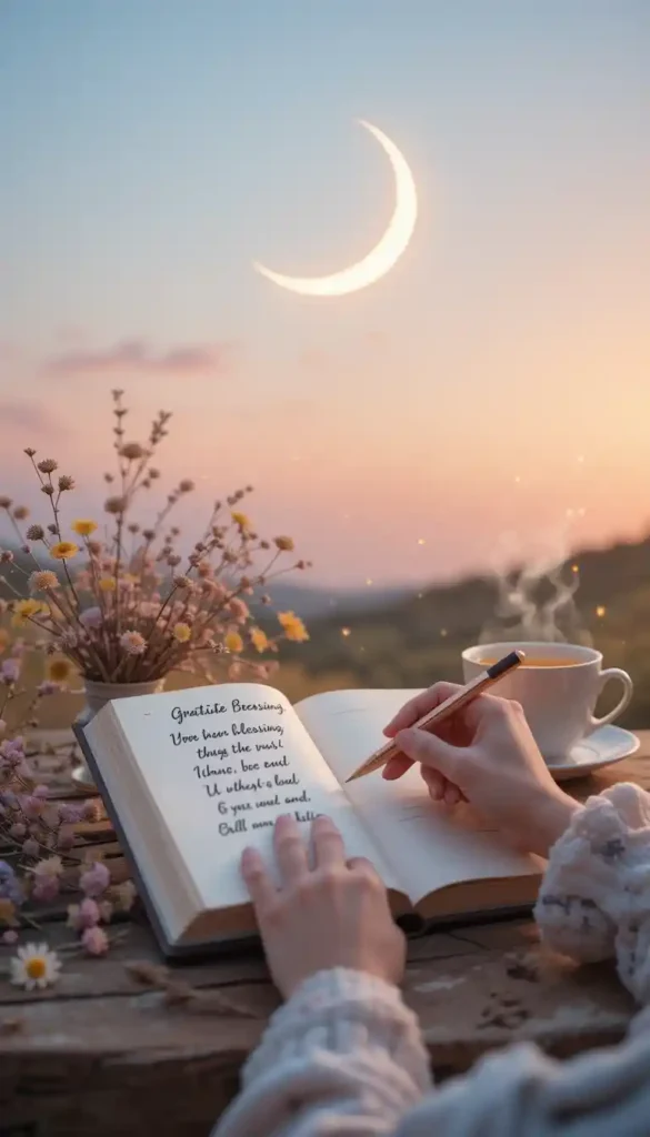 A hand writing in a gratitude journal under a softly glowing Waxing Crescent moon with flowers and tea.