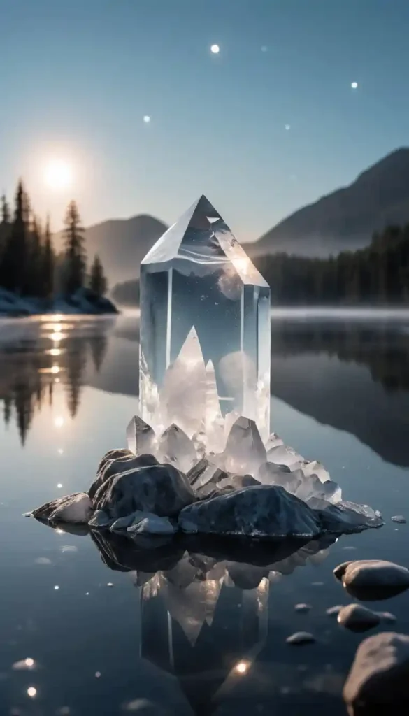 Amethyst crystal glowing under a waning moon with soft violet light and a calming, mystical atmosphere.