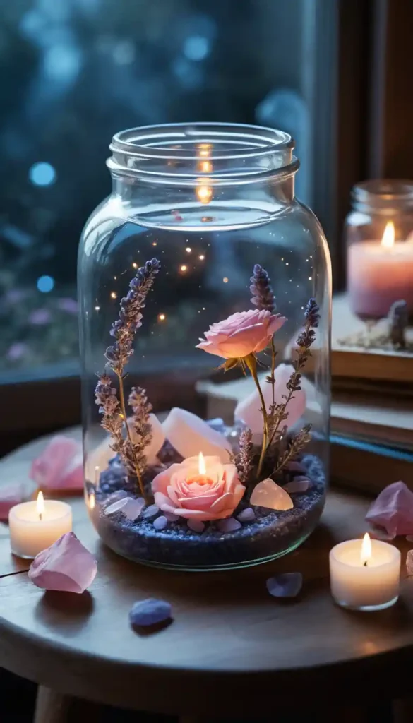 Glass jar with petals and crystals charging under a crescent moon in a mystical night setting.