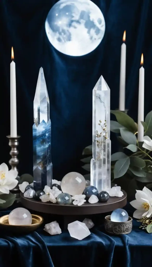 Moonlit altar with selenite, moonstone, and labradorite crystals glowing under a silver full moon.