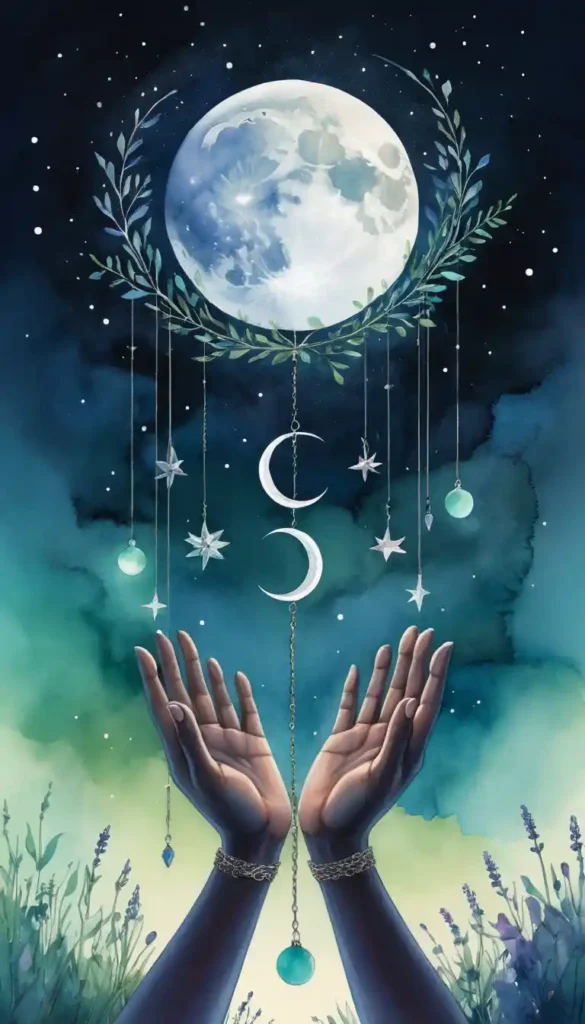 Split scene showing seedling under New Moon and hands releasing fragments under Full Moon for manifestation phases.