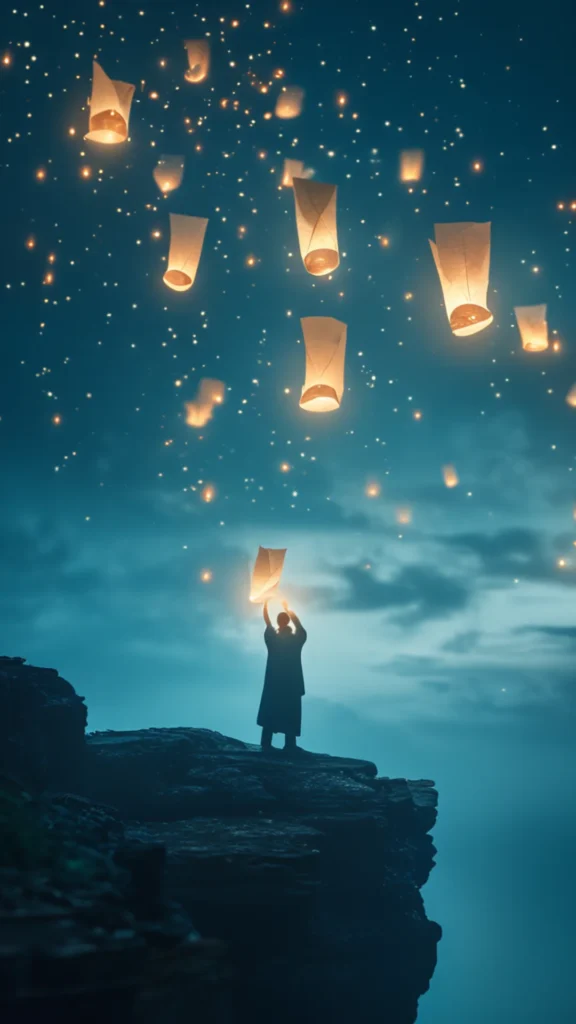 Figure under waning moon releasing glowing lanterns symbolizing limiting beliefs into the night sky.
