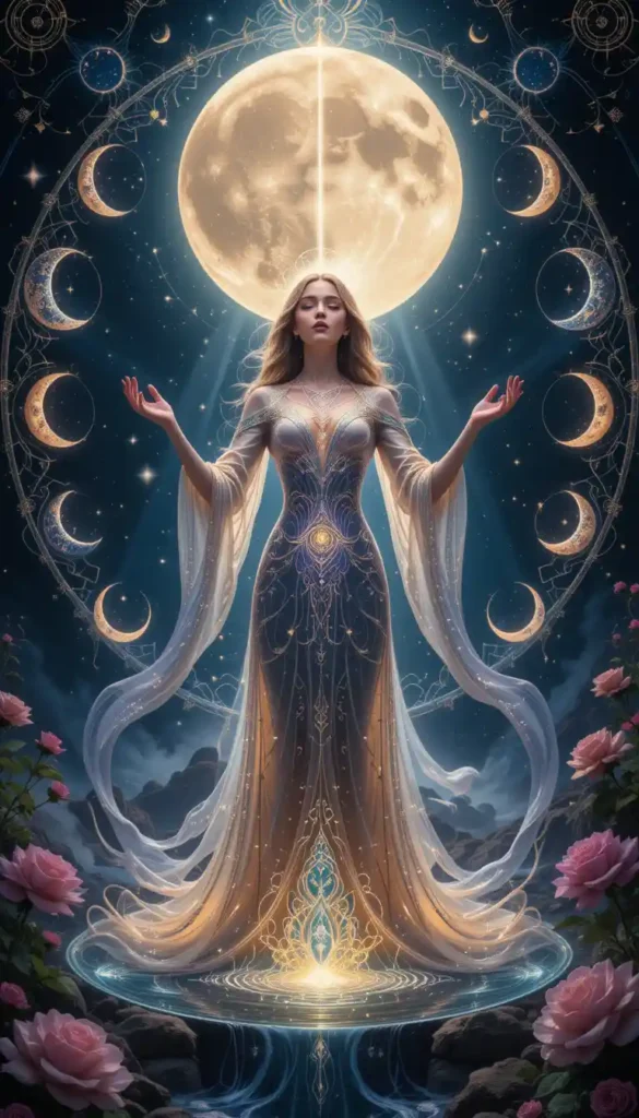 Mystical woman bathed in moonlight, standing in a lunar mandala surrounded by divine feminine symbols and moon phases.